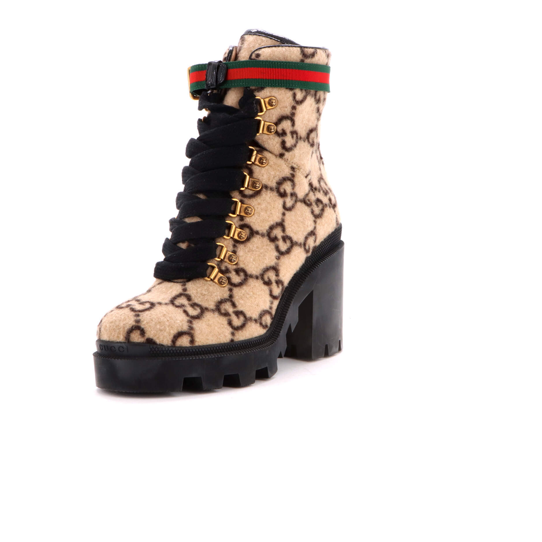 Gucci Women's Heeled Lace Up Combat Ankle Boots Gg Wool
